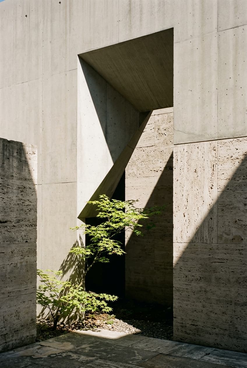 JDKD architectural stone courtyard opening with sunbeam shadows and green tree