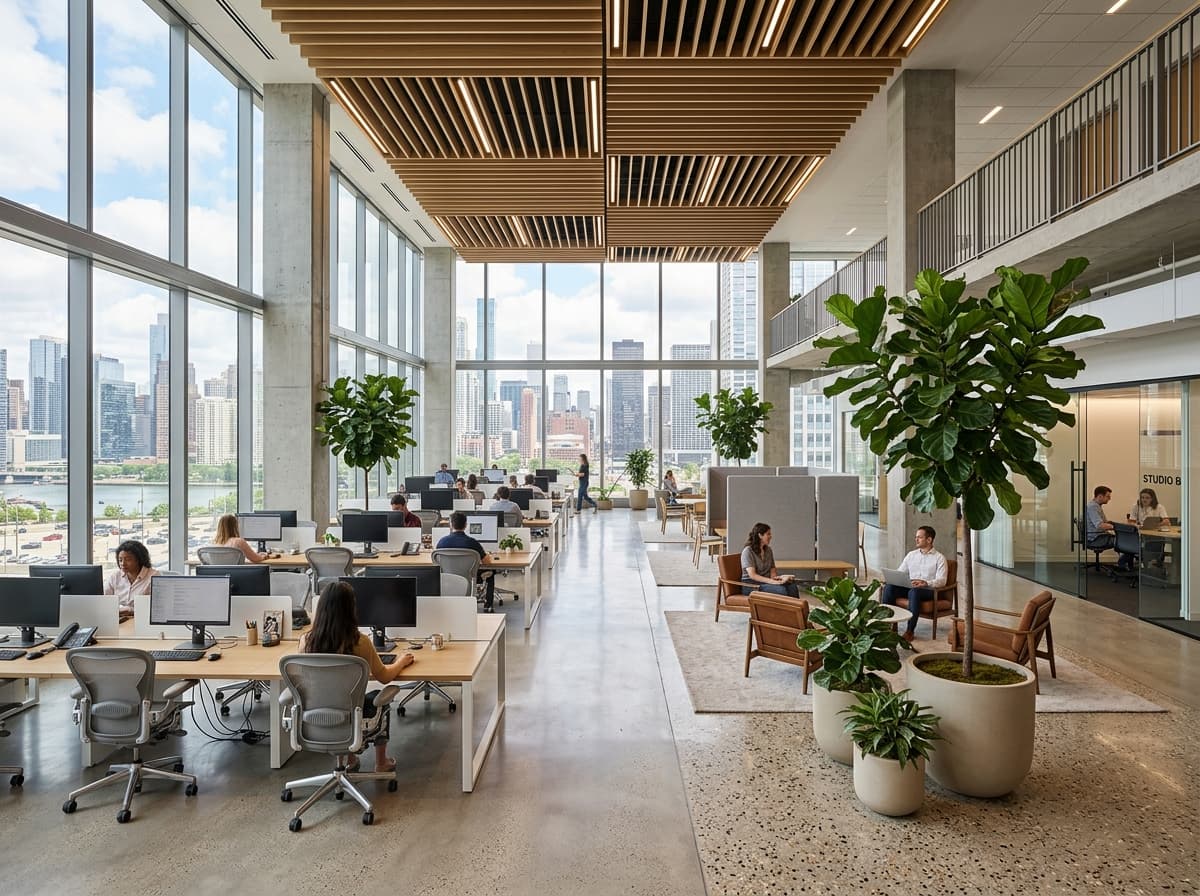 JDKD open collaborative workspace with generous daylight, timber baffles, and integrated greenery