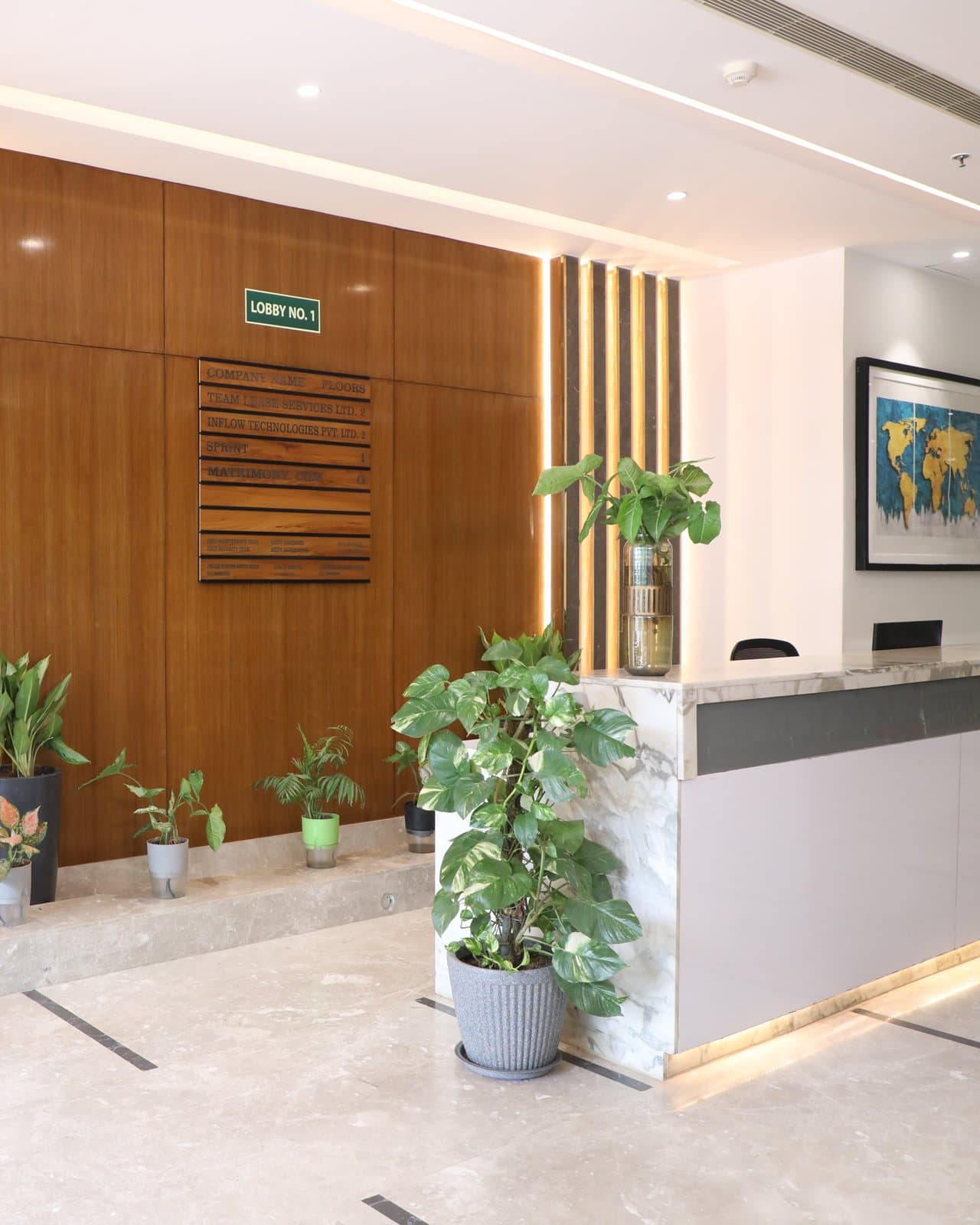 The reception lobby at JDKD Corporate Park, A-23.