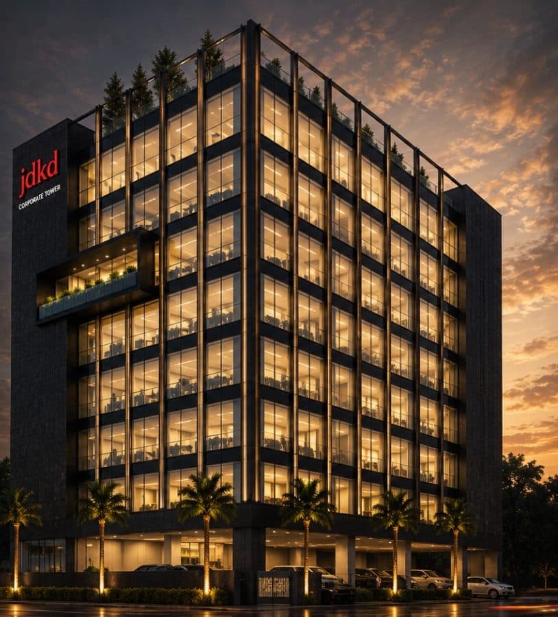 Architectural render of JDKD Corporate Tower at dusk, seen from Mathura Road.