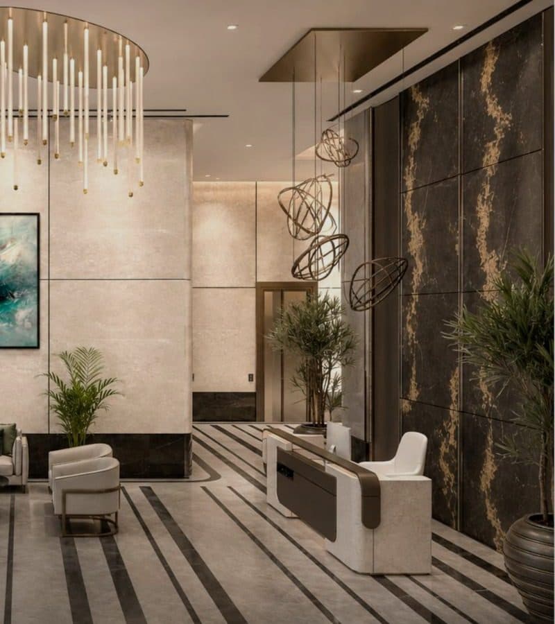 Wide render of the JDKD Corporate Tower lobby.