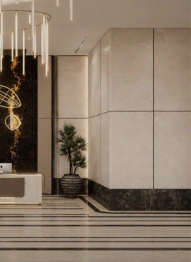 Render of the lobby at JDKD Corporate Tower, looking toward the entrance.