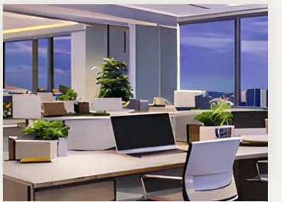 Render of a typical office floor plate at JDKD Corporate Tower, with generous daylight.