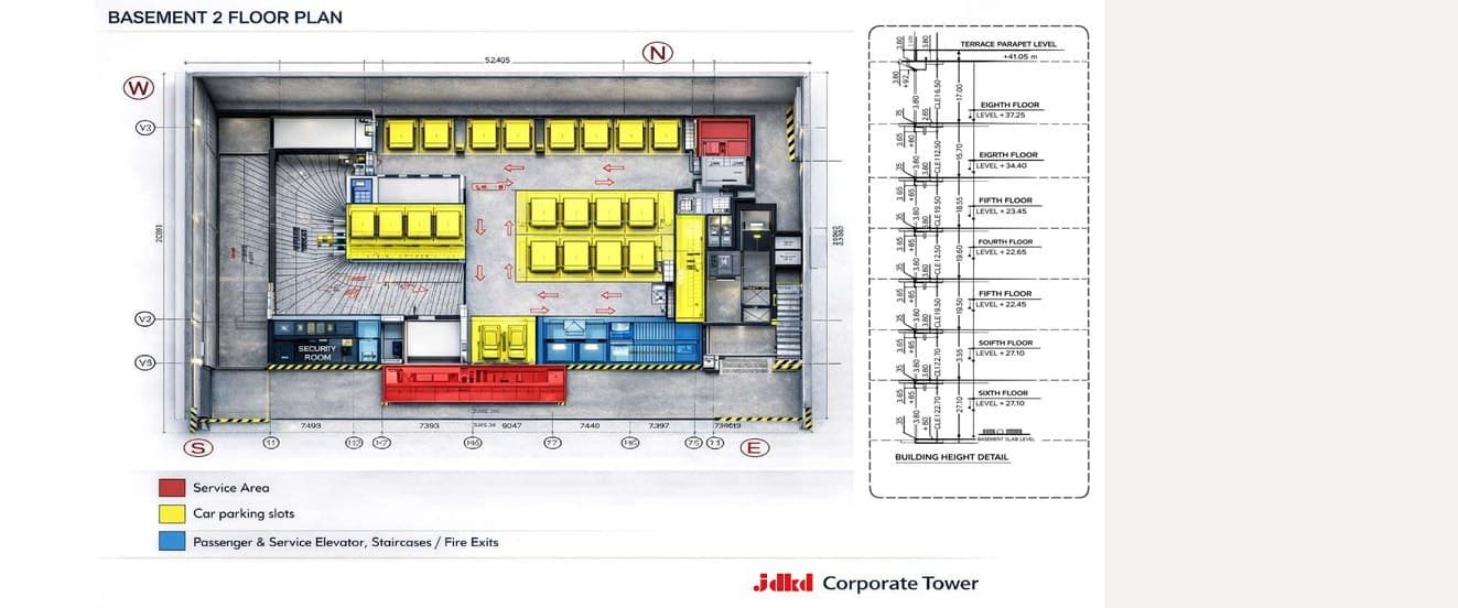 Basement 2 floor plan drawing for JDKD Corporate Tower, with a building height section alongside it.