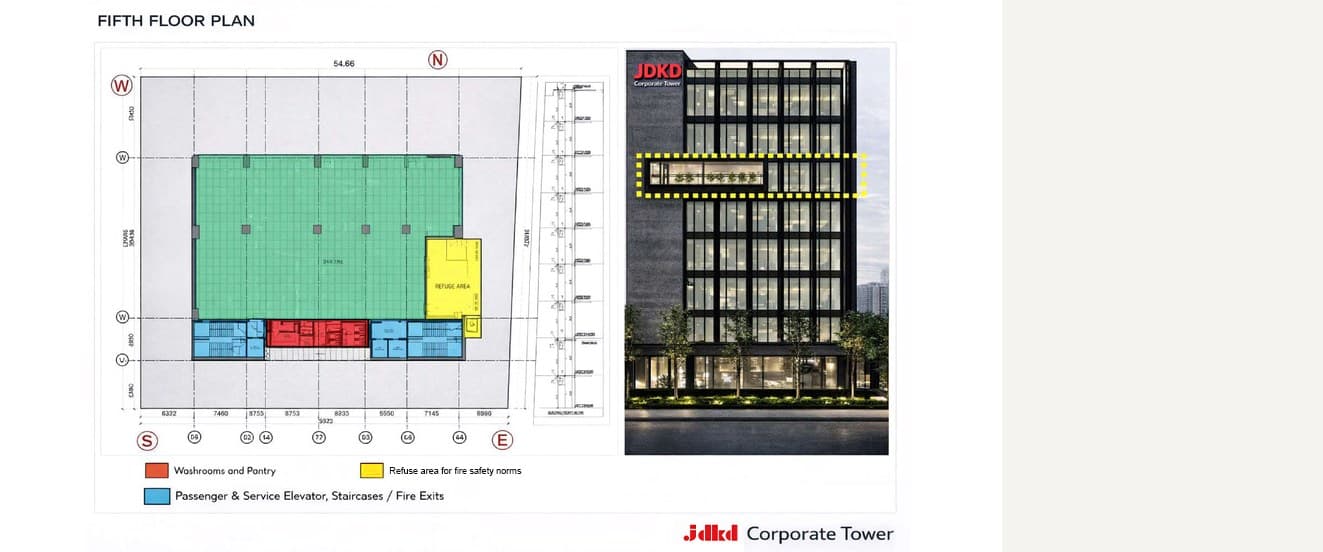 Fifth floor plan drawing for JDKD Corporate Tower, shown beside an elevation of the building.