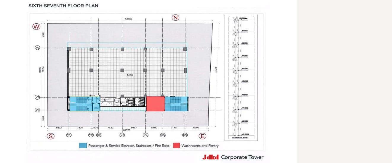 Sixth and seventh floor plan drawing for JDKD Corporate Tower, with a building height section alongside it.